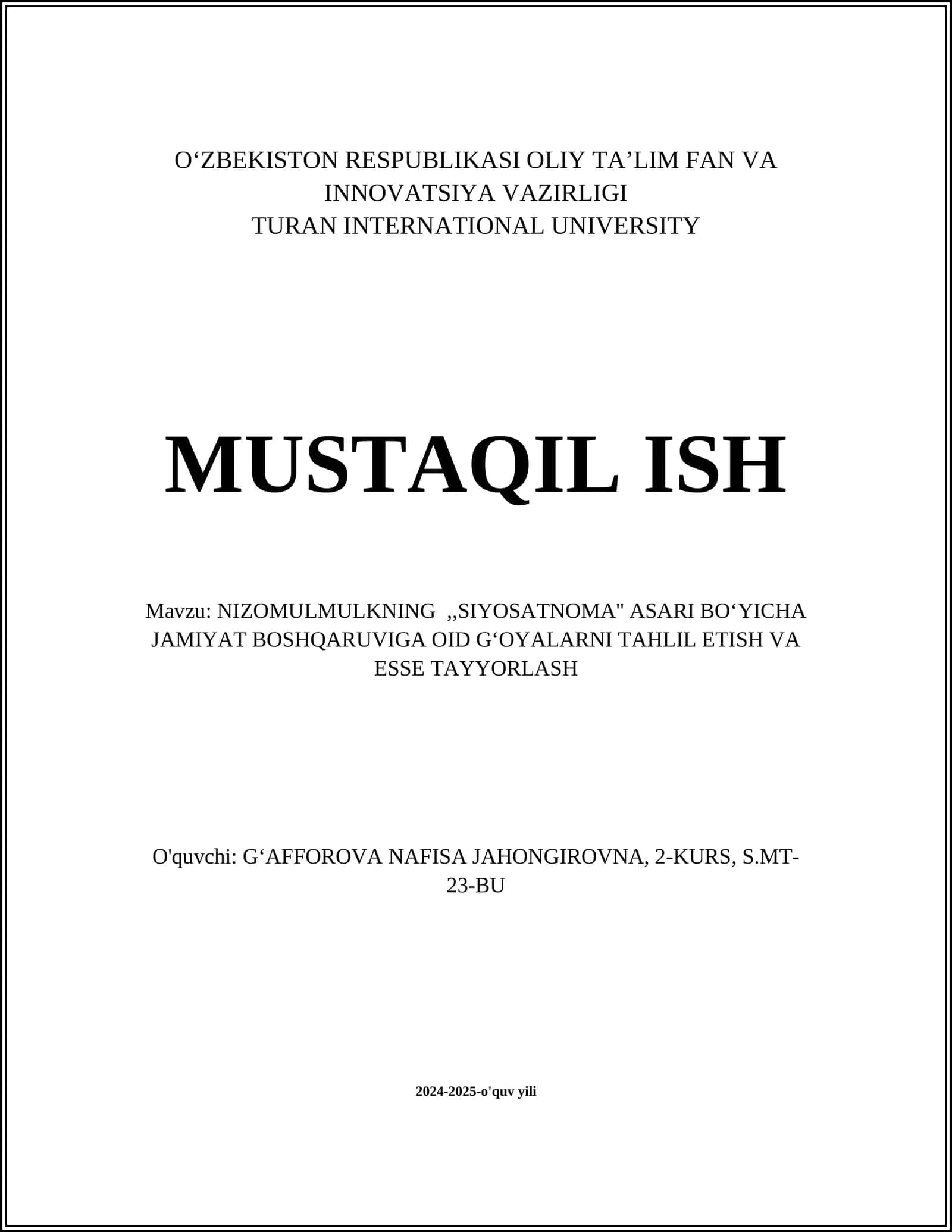 NIZOMULMULKNING,,SIYOSATNOMA'' ASARI BOʻYICHA JAMIYAT BOSHQARUVIGA OID GʻOYALARNI TAHLIL ETISH VA ESSE TAYYORLASH 1