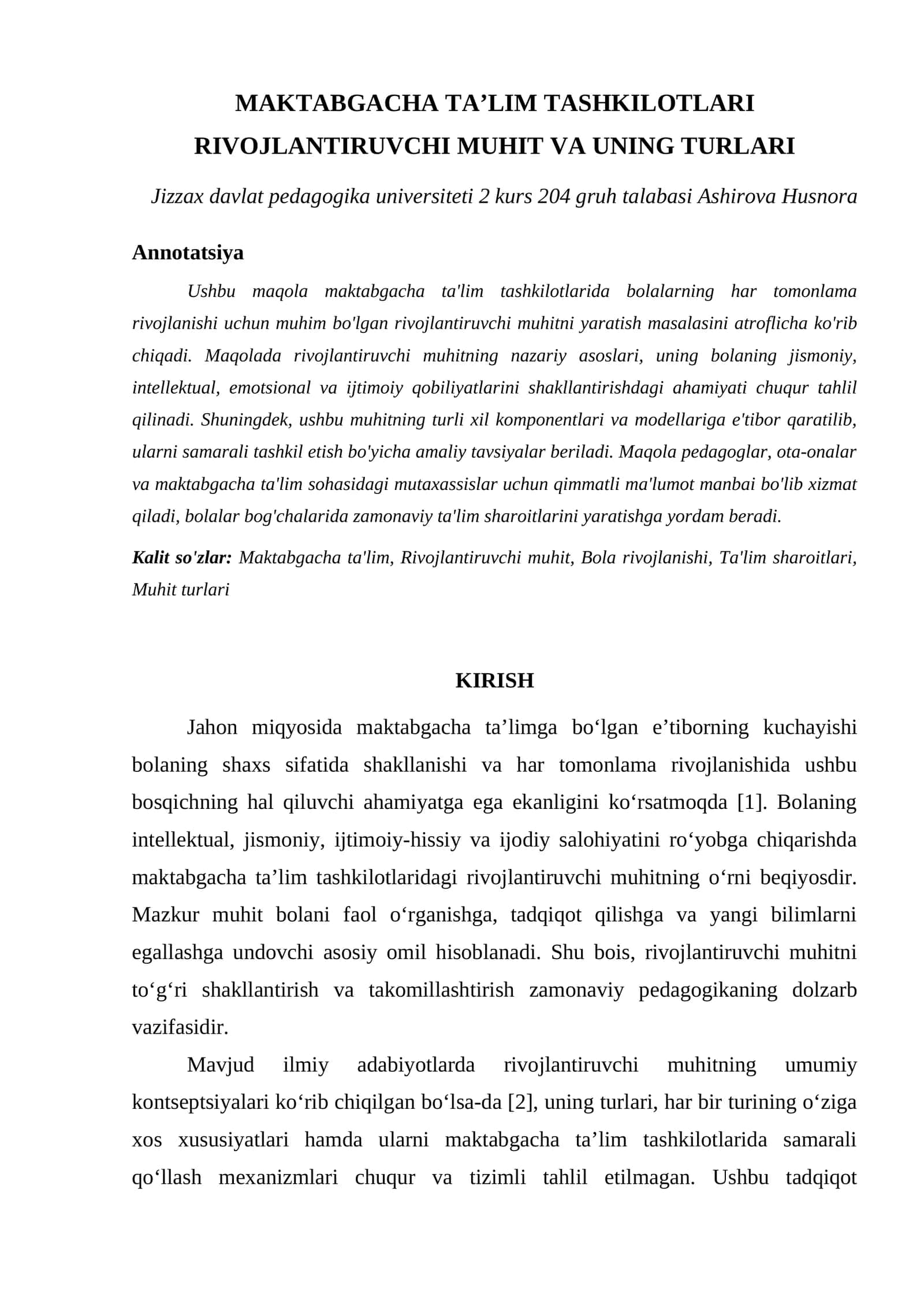 MAKTABGACHA TAʼLIM TASHKILOTLARI RIVOJLANTIRUVCHI MUHIT VA UNING TURLARI 1