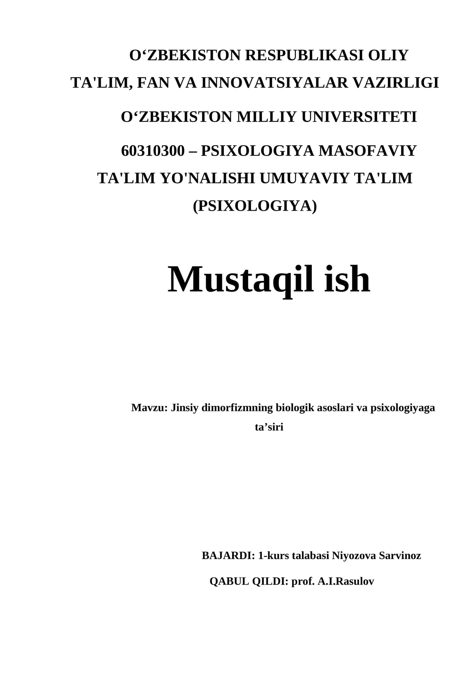 Jinsiy dimorfizmning biologik asoslari va psixologiyaga ta’siri 1