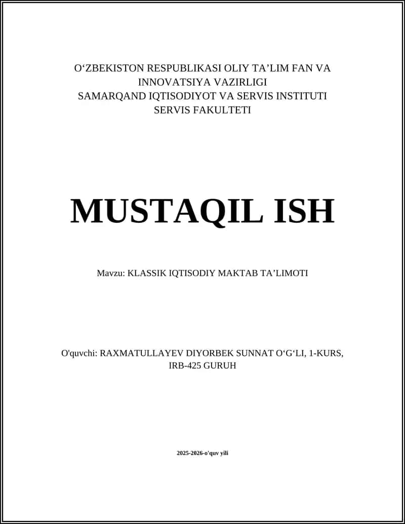 KLASSIK IQTISODIY MAKTAB TA’LIMOTI 1