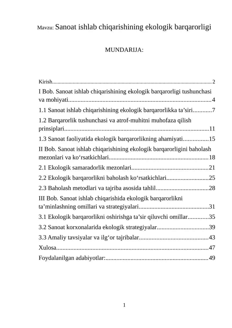 Sanoat ishlab chiqarishining ekologik barqarorligi 1
