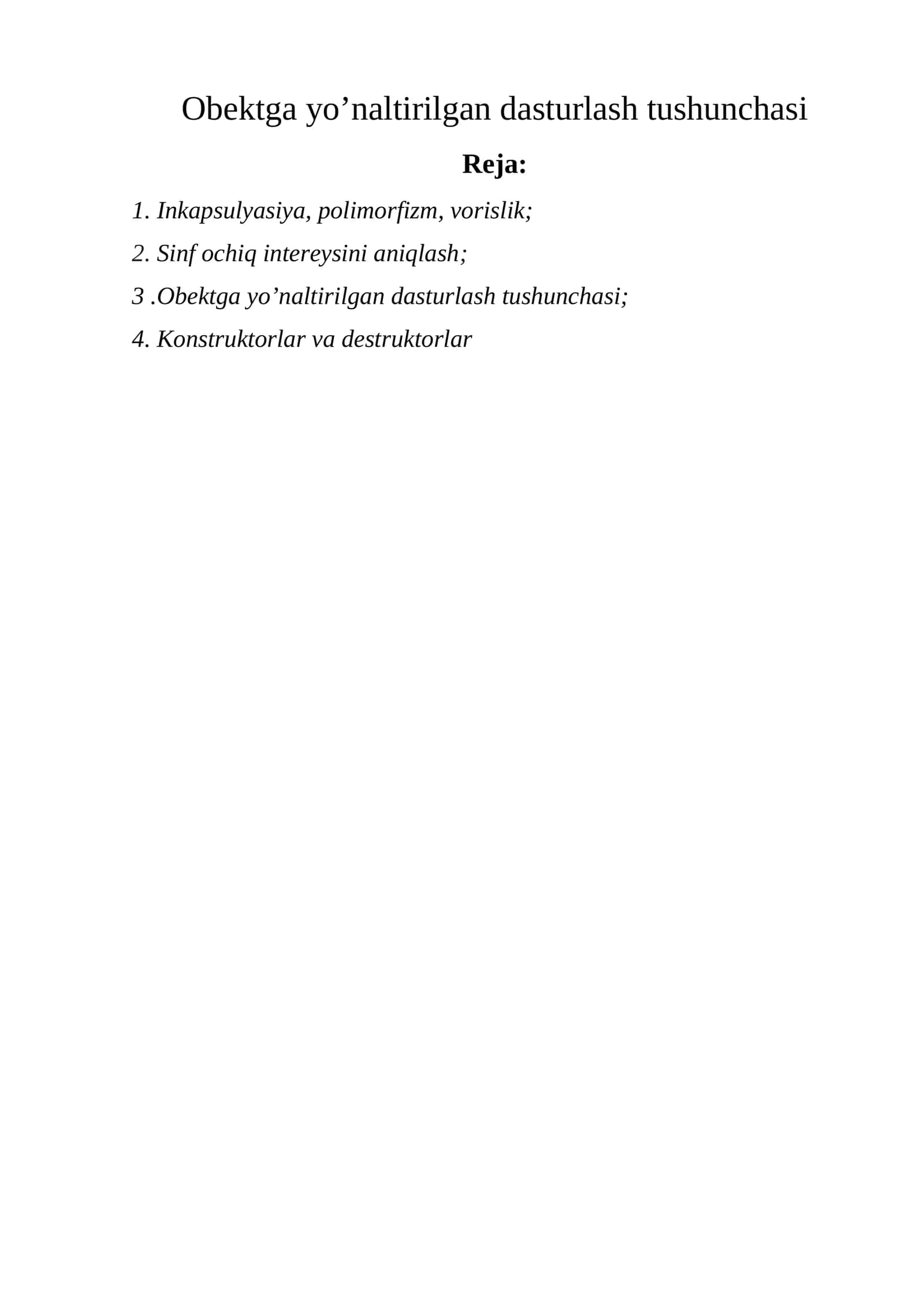 Obektga yo’naltirilgan dasturlash tushunchasi 1