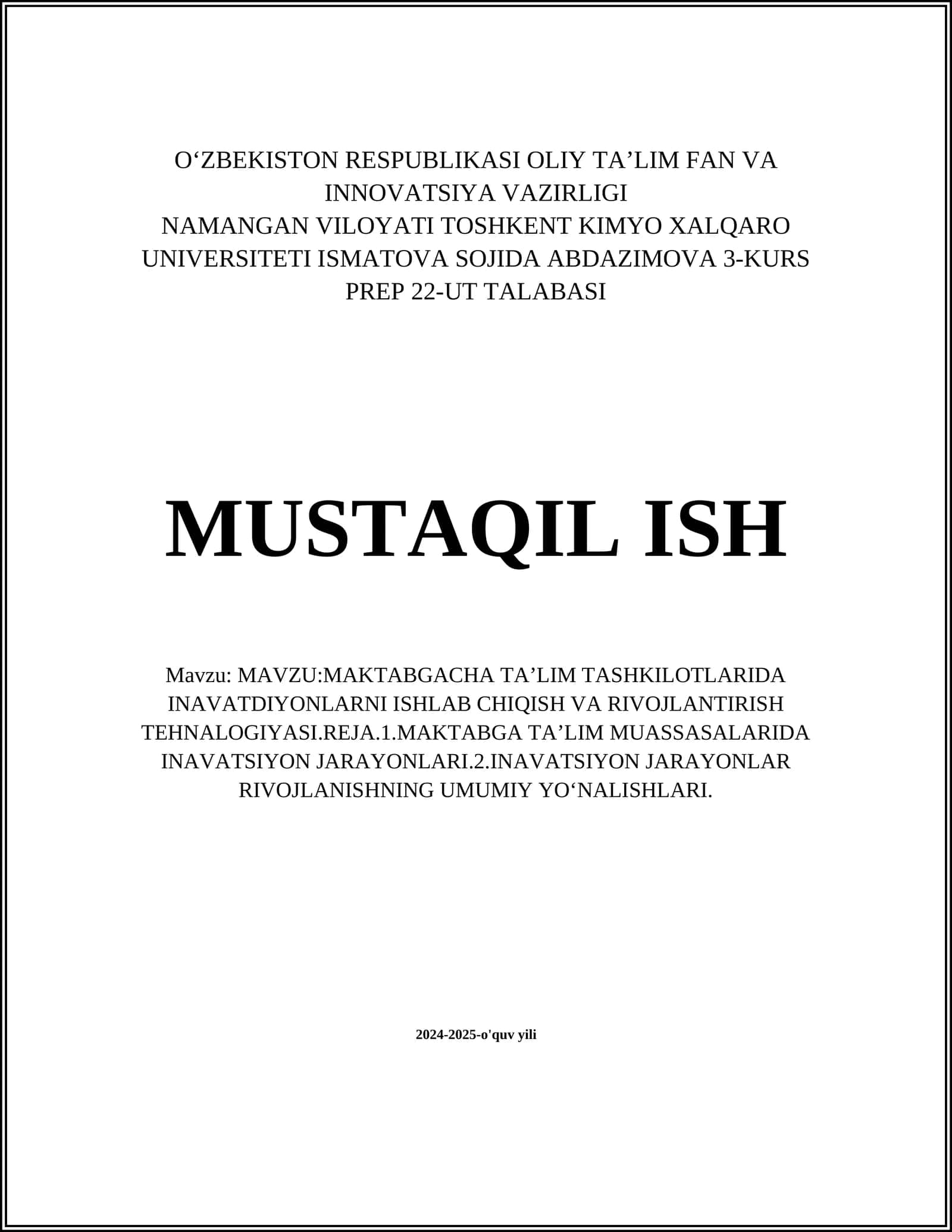 MAKTABGACHA TAʼLIM TASHKILOTLARIDA INAVATDIYONLARNI ISHLAB CHIQISH VA RIVOJLANTIRISH TEHNALOGIYASI 1