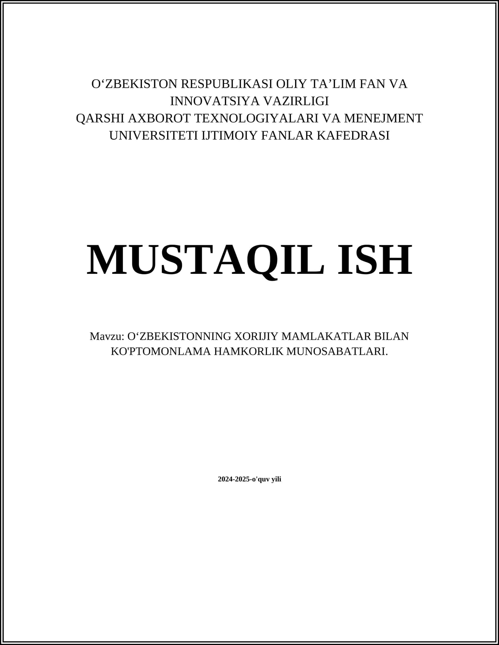OʻZBEKISTONNING XORIJIY MAMLAKATLAR BILAN KO'PTOMONLAMA HAMKORLIK MUNOSABATLARI 1