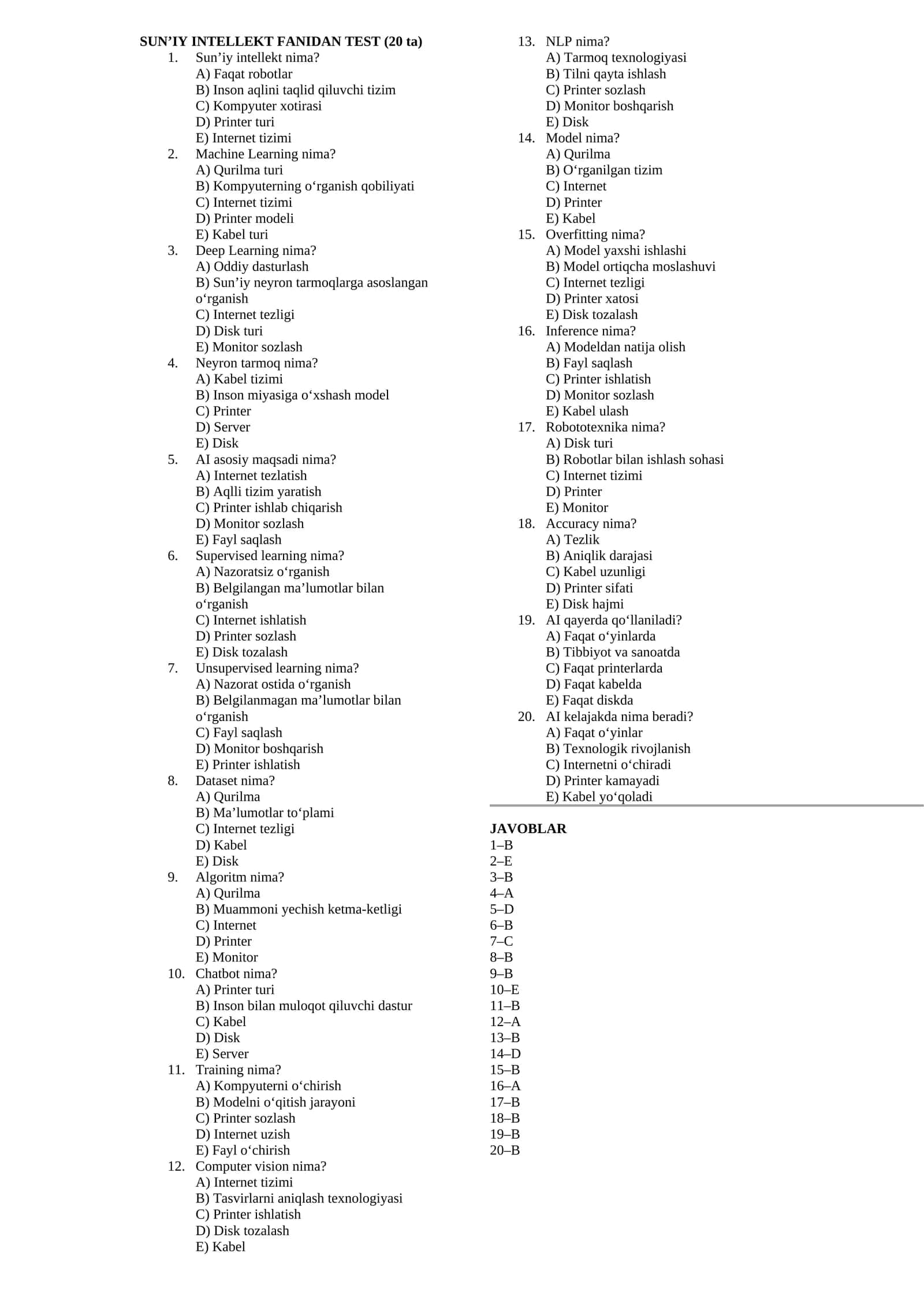 SUN’IY INTELLEKT FANIDAN TEST (20 ta) 1