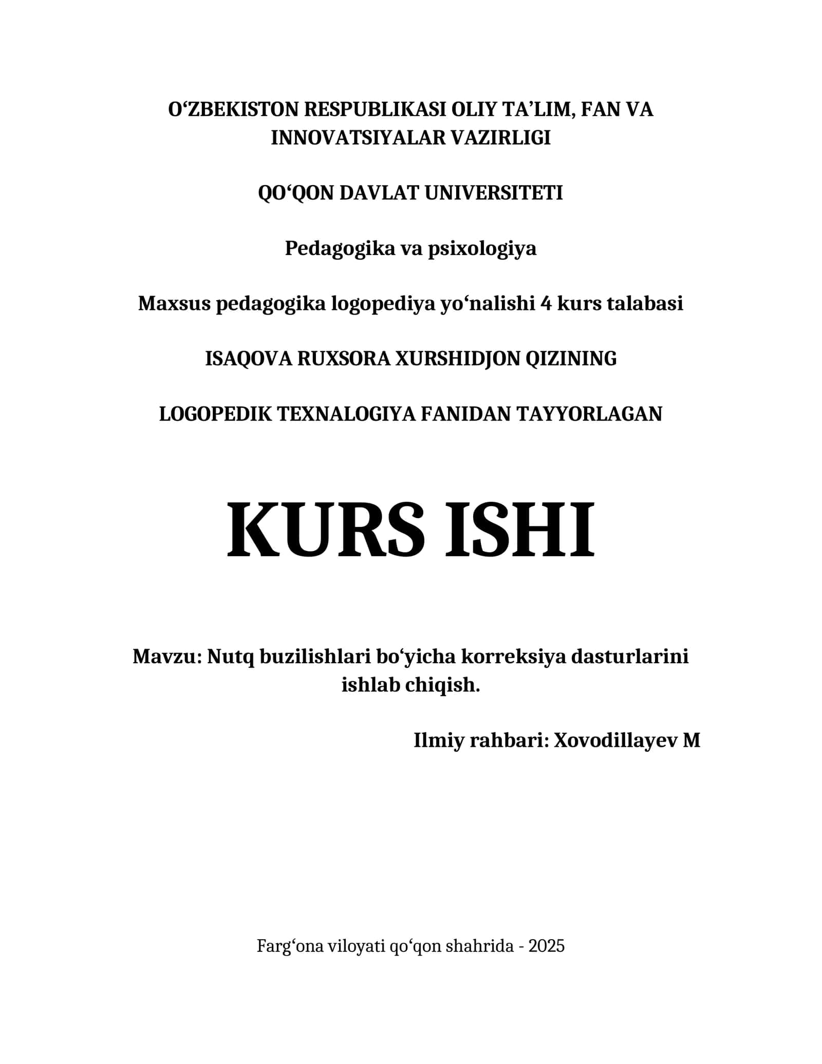 NUTQ BUZILISHLARI BO‘YICHA KORREKSIYA DASTURLARINI ISHLAB CHIQISH. 1