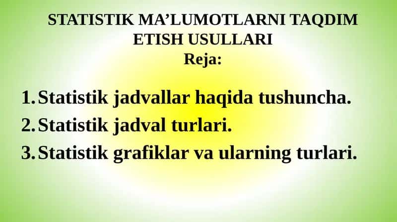 STATISTIK MA’LUMOTLARNI TAQDIM ETISH USULLARIReja 1