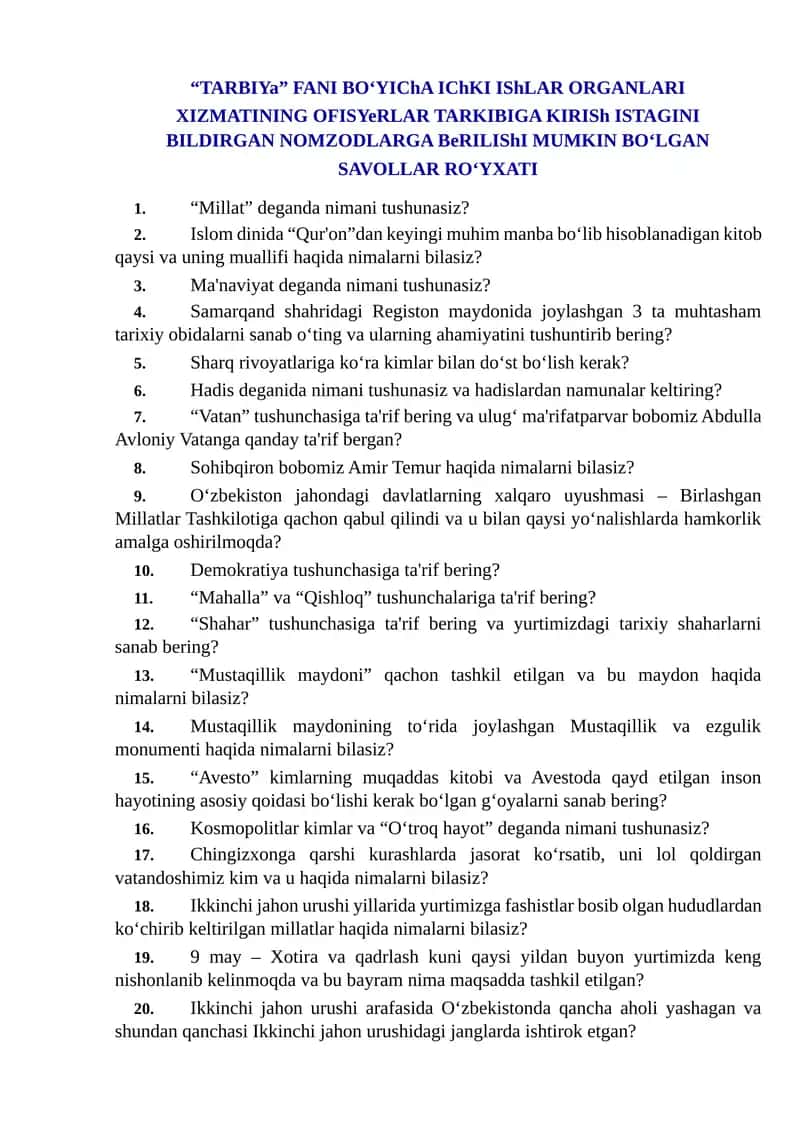 TARBIYA FANI BOʻYICHA SAVOLLAR 1