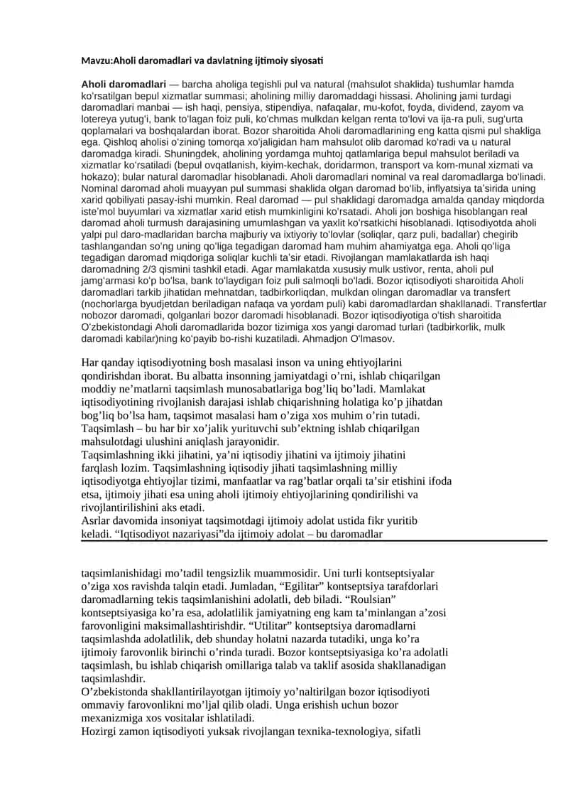 Aholi daromadlari va davlatning ijtimoiy siyosati 1