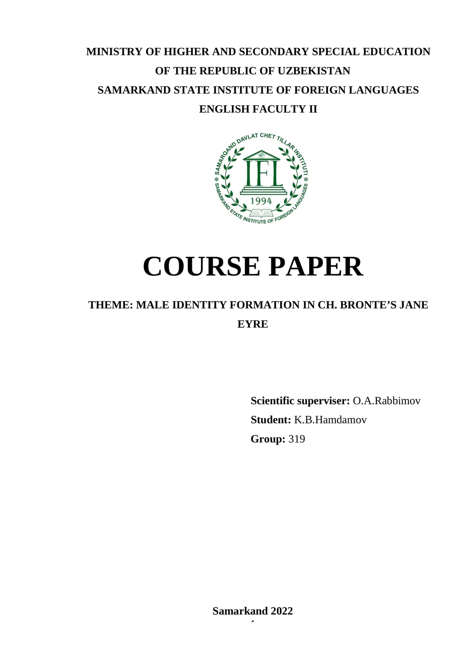 Course Paper: Male Identity Formation in Ch. Bronte’s Jane Eyre 1