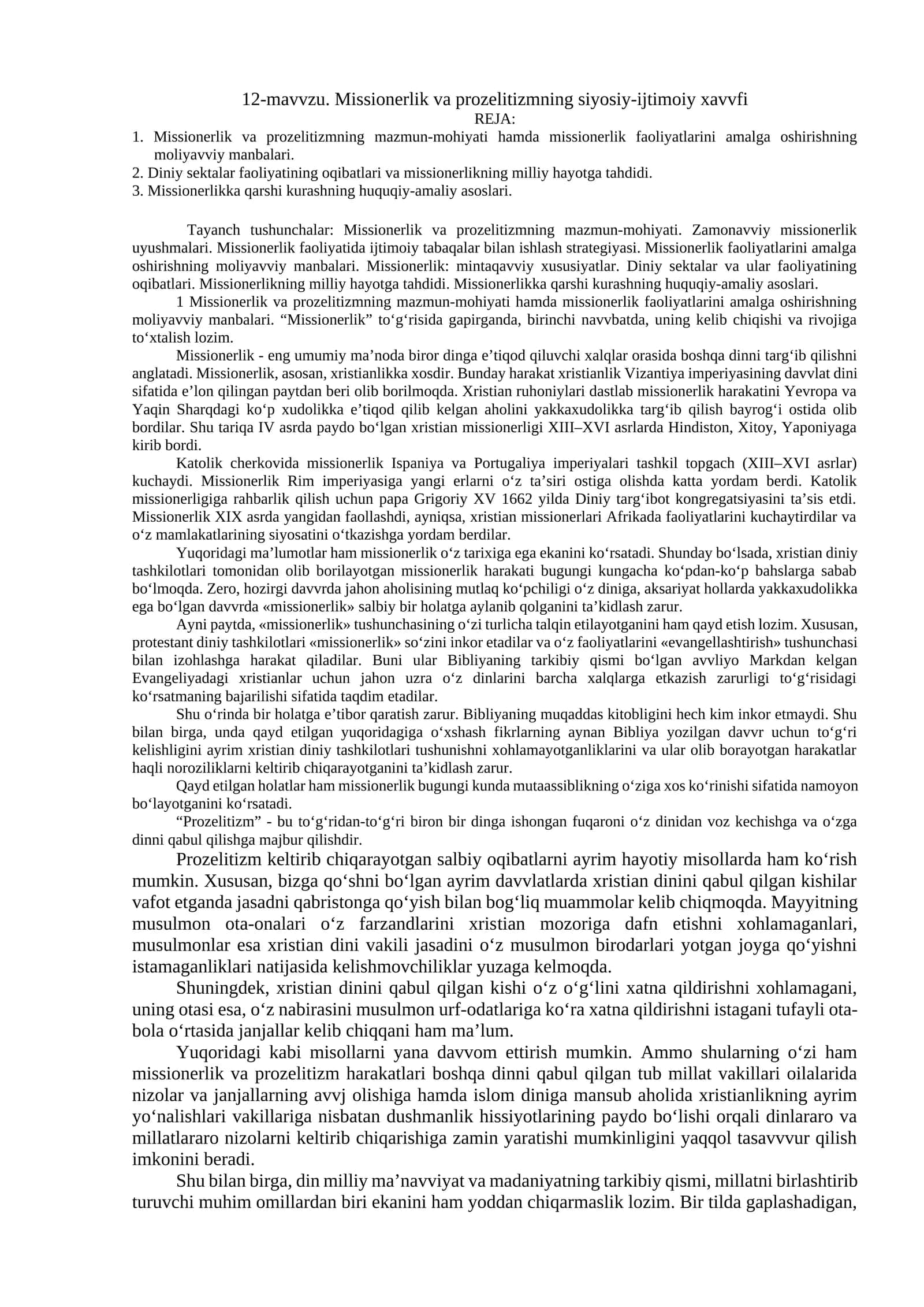 12-mavvzu. Missionerlik va prozelitizmning siyosiy-ijtimoiy xavvfi 1