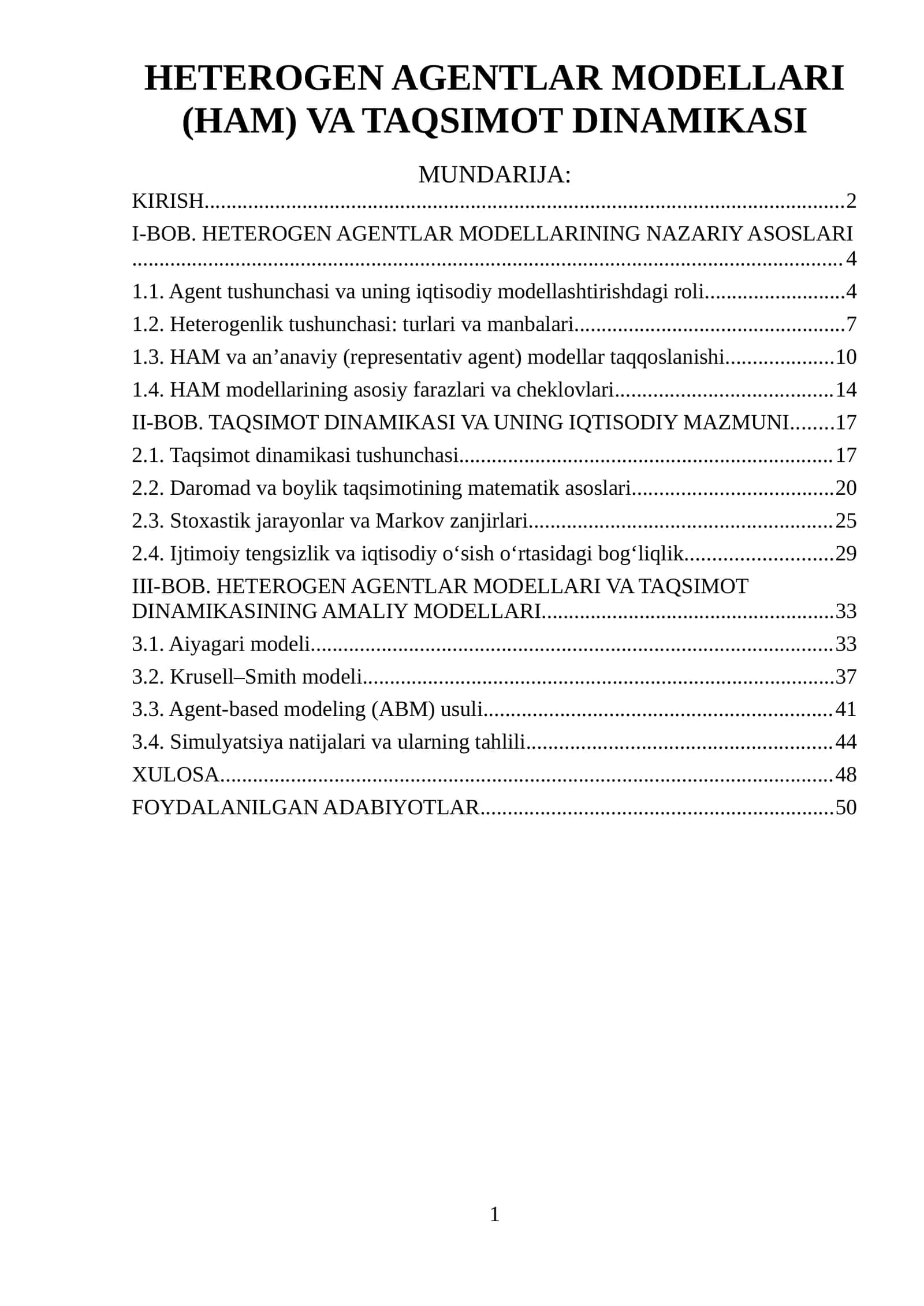 HETEROGEN AGENTLAR MODELLARI (HAM) VA TAQSIMOT DINAMIKASI 1