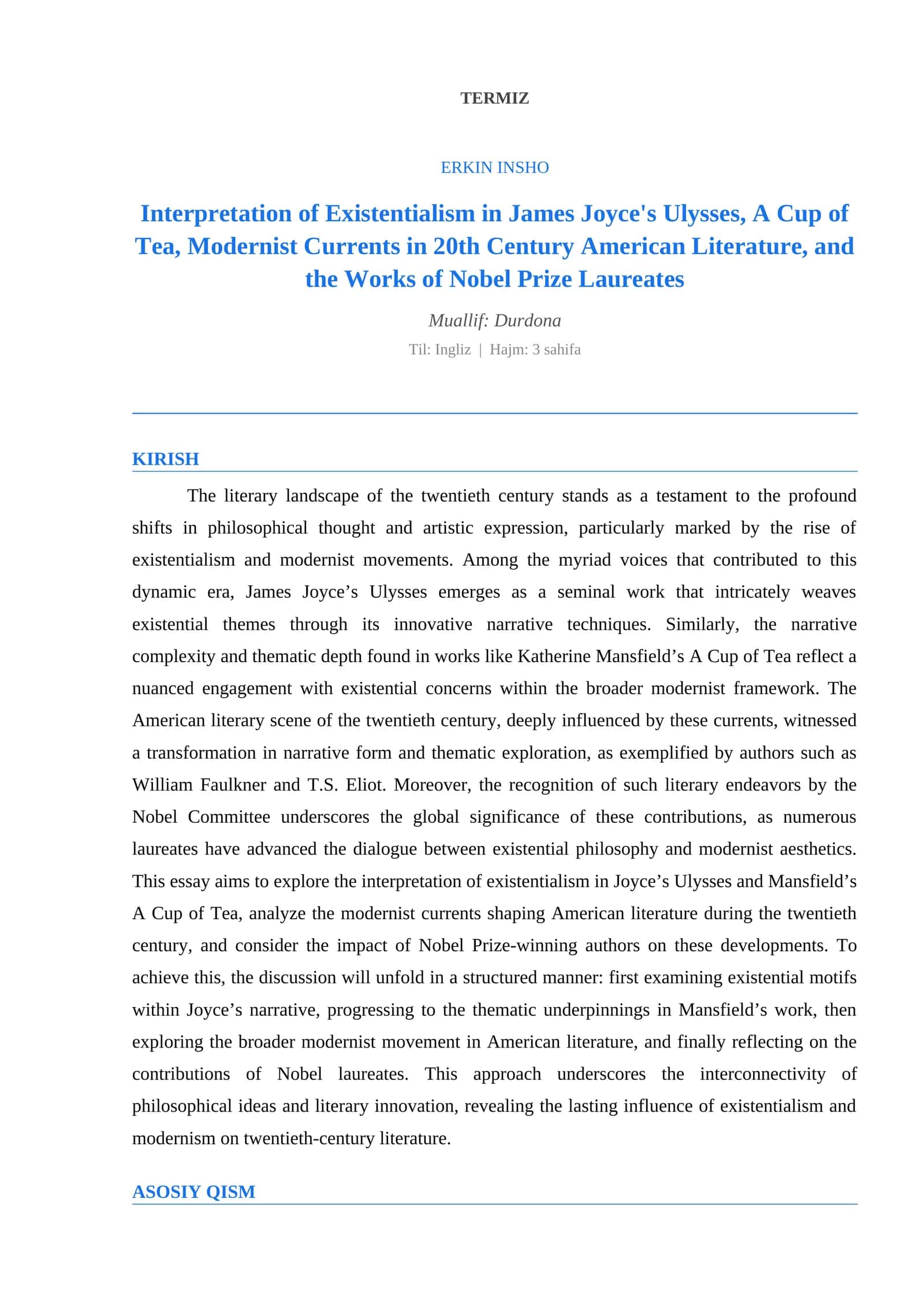 Interpretation of Existentialism in James Joyce's Ulysses, A Cup of Tea, Modernist Currents in 20th Century American Literature, and the Works of Nobel Prize Laureates 1