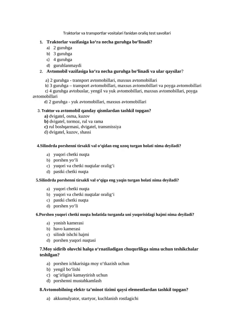 Traktorlar va transportlar vositalari fanidan oraliq test savollari 1