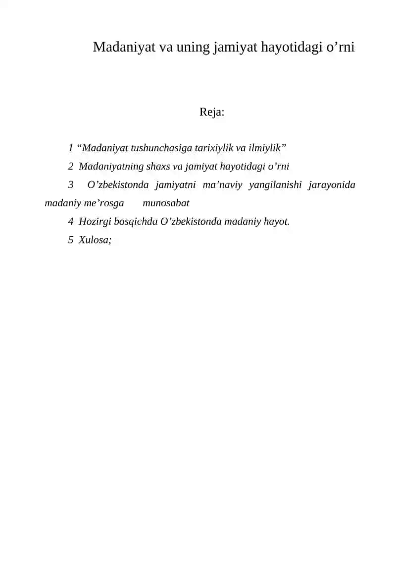 Madaniyat va uning jamiyat hayotidagi o’rni