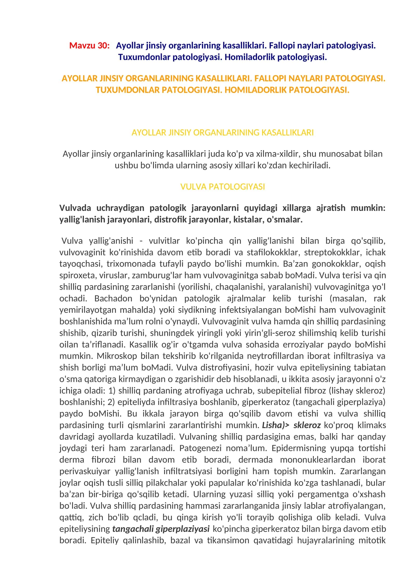 Ayollar jinsiy organlarining kasalliklari. Fallopi naylari patologiyasi. Tuxumdonlar patologiyasi. Homiladorlik patologiyasi 1
