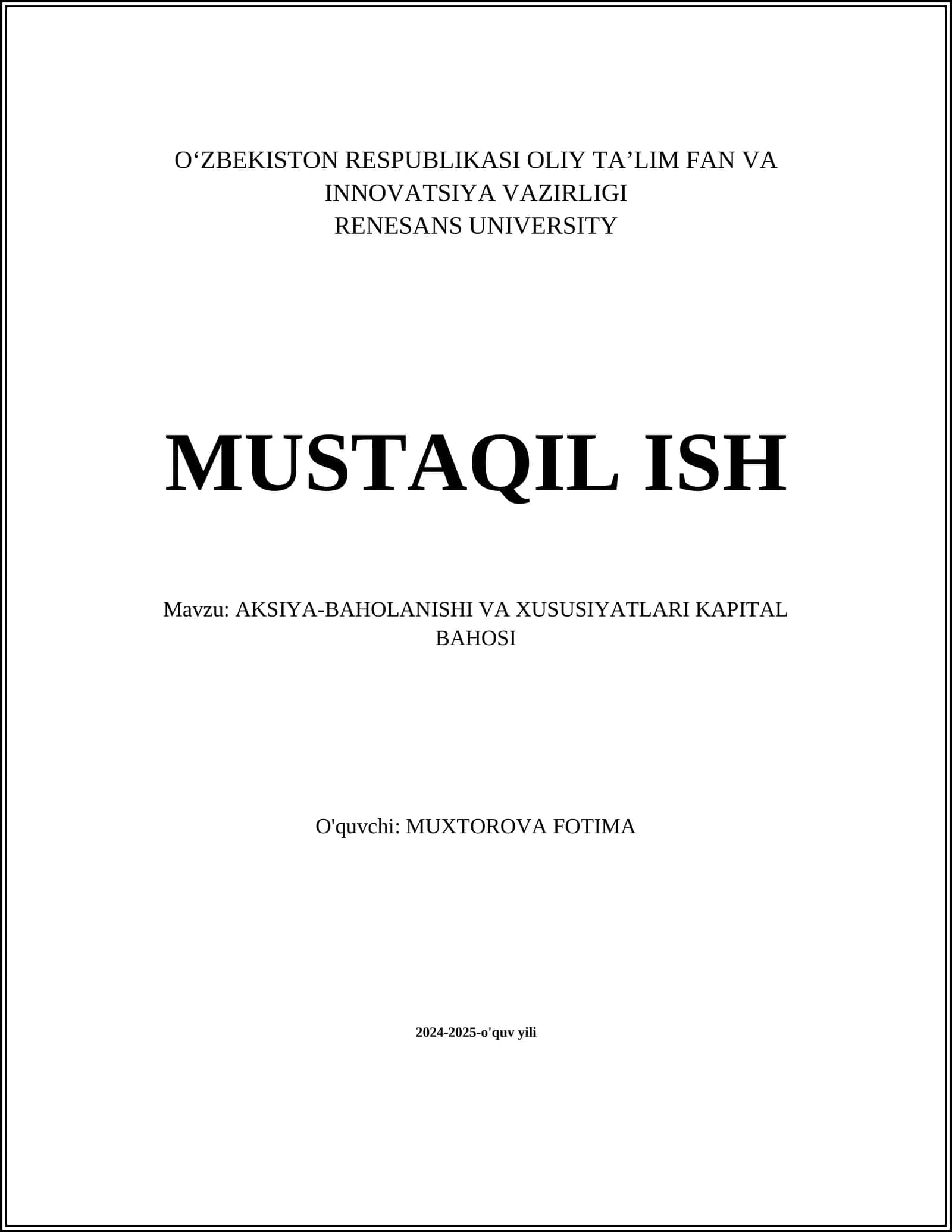 AKSIYA-BAHOLANISHI VA XUSUSIYATLARI KAPITAL BAHOSI 1
