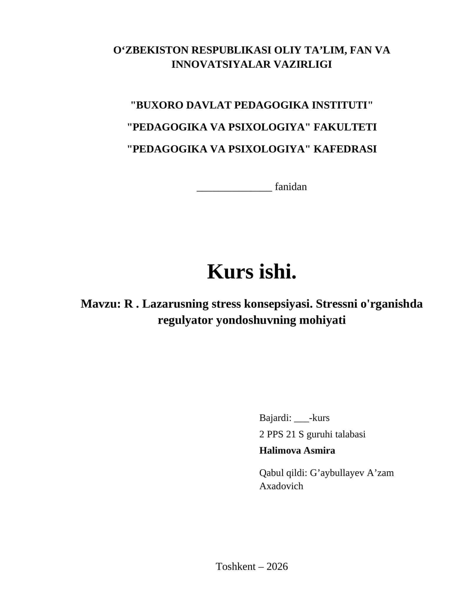 R . Lazarusning stress konsepsiyasi. Stressni o'rganishda regulyator yondoshuvning mohiyati 1
