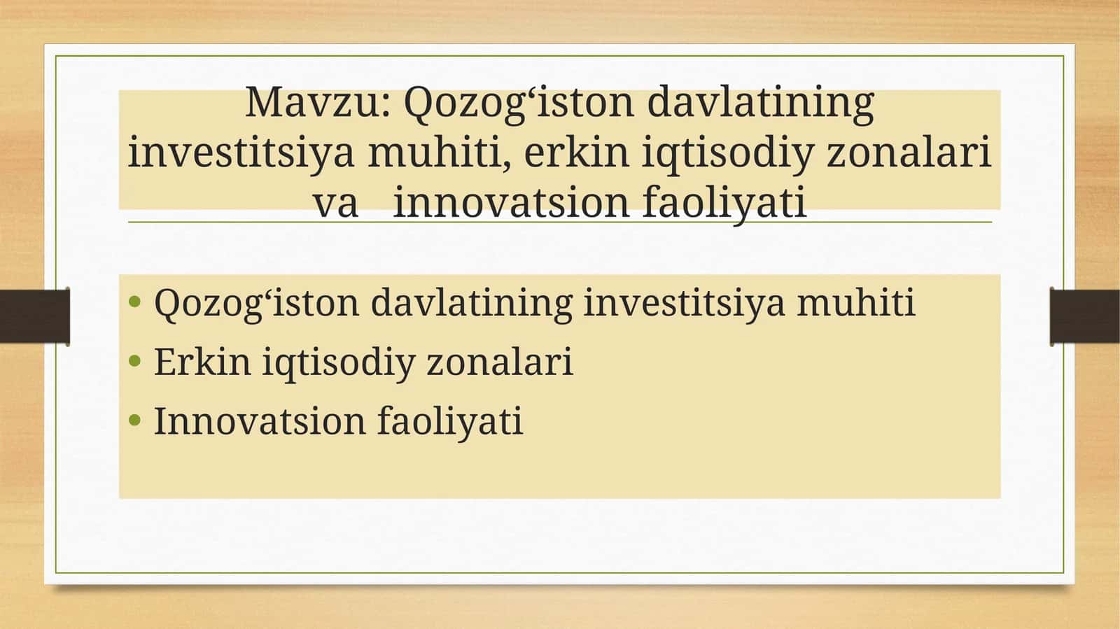 Qozogʻiston Davlatining Investitsiya Muhiti, Erkiniqtisodiy Zonalar va Innovatsion Faoliyati 1
