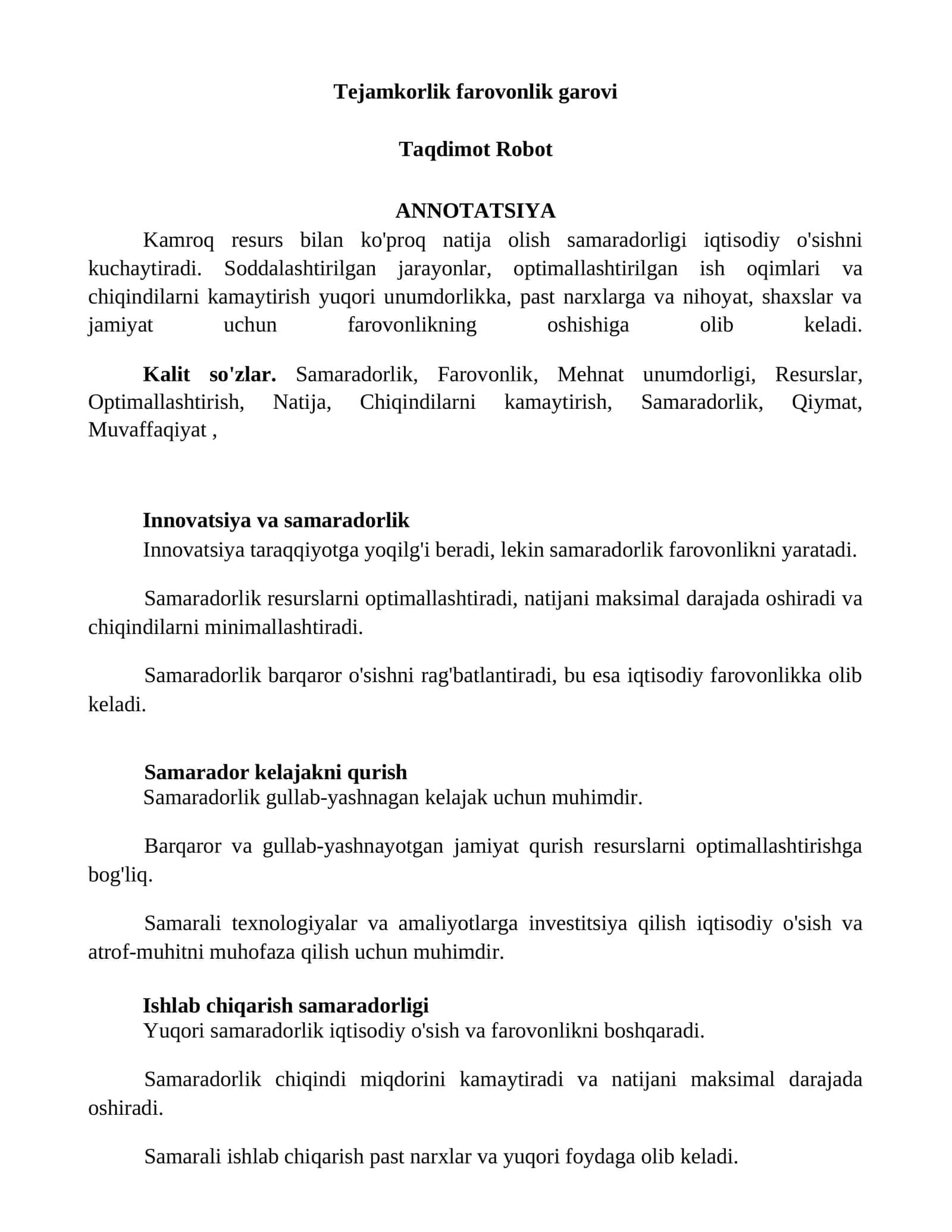 Tejamkorlik farovonlik garovi 1