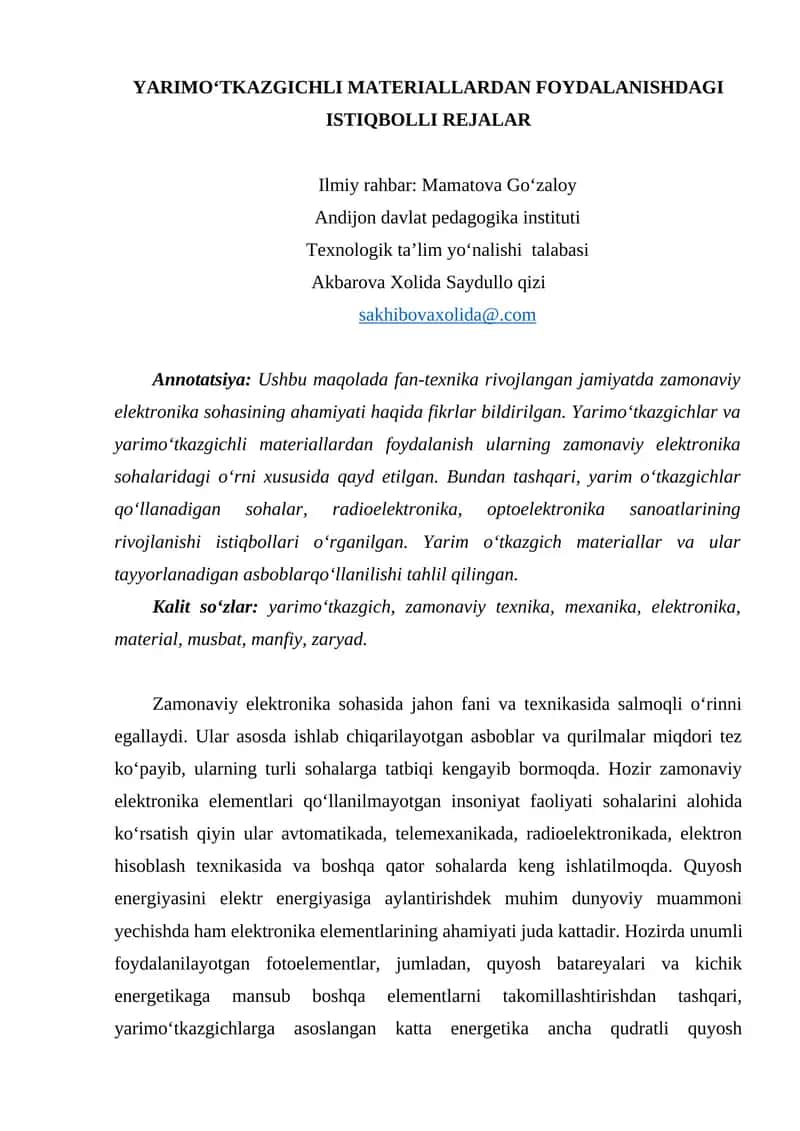 YARIMO‘TKAZGICHLI MATERIALLARDAN FOYDALANISHDAGI ISTIQBOLLI REJALAR 1
