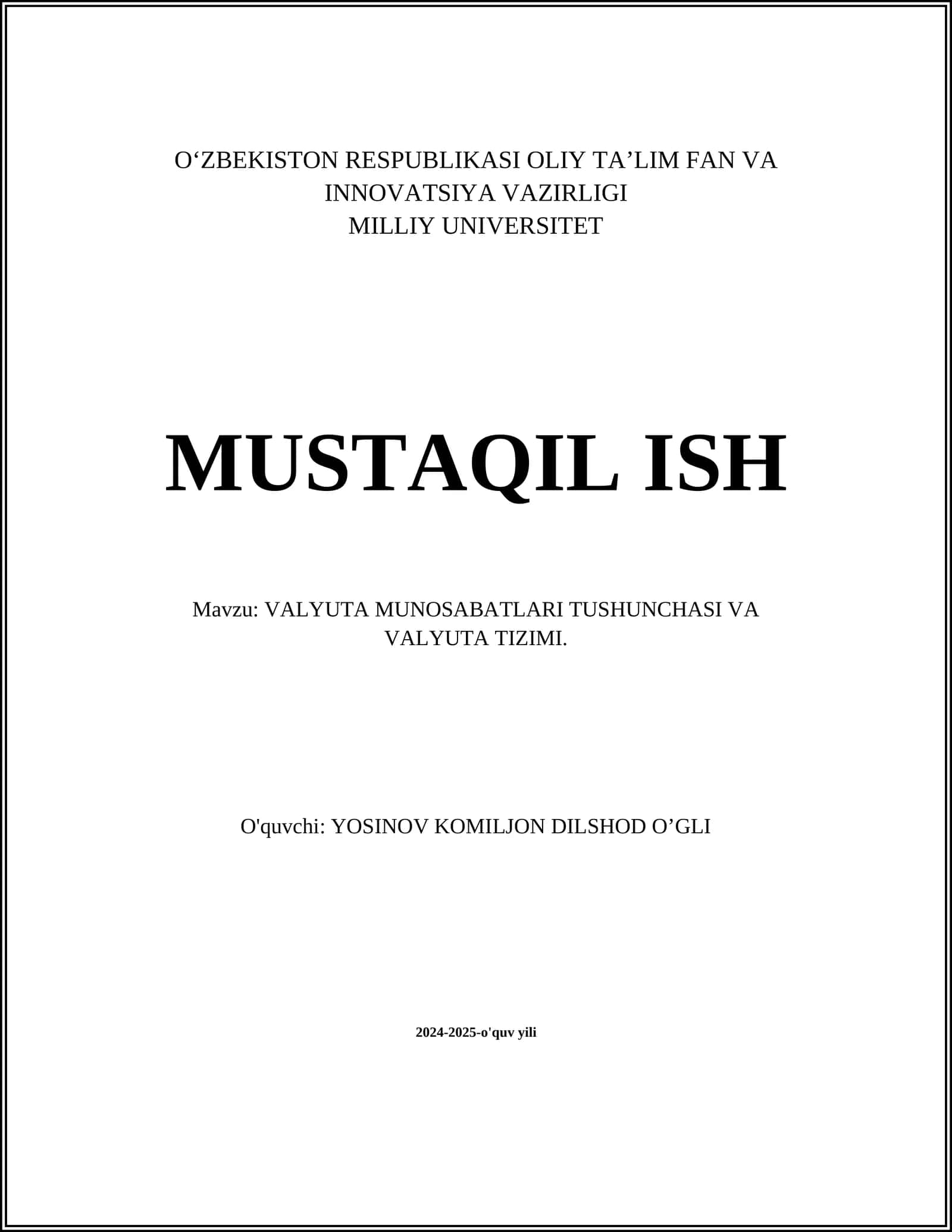 VALYUTA MUNOSABATLARI TUSHUNCHASI VA VALYUTA TIZIMI 1