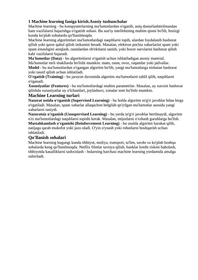 Machine learning faniga kirish.Asosiy tushunchalar 1