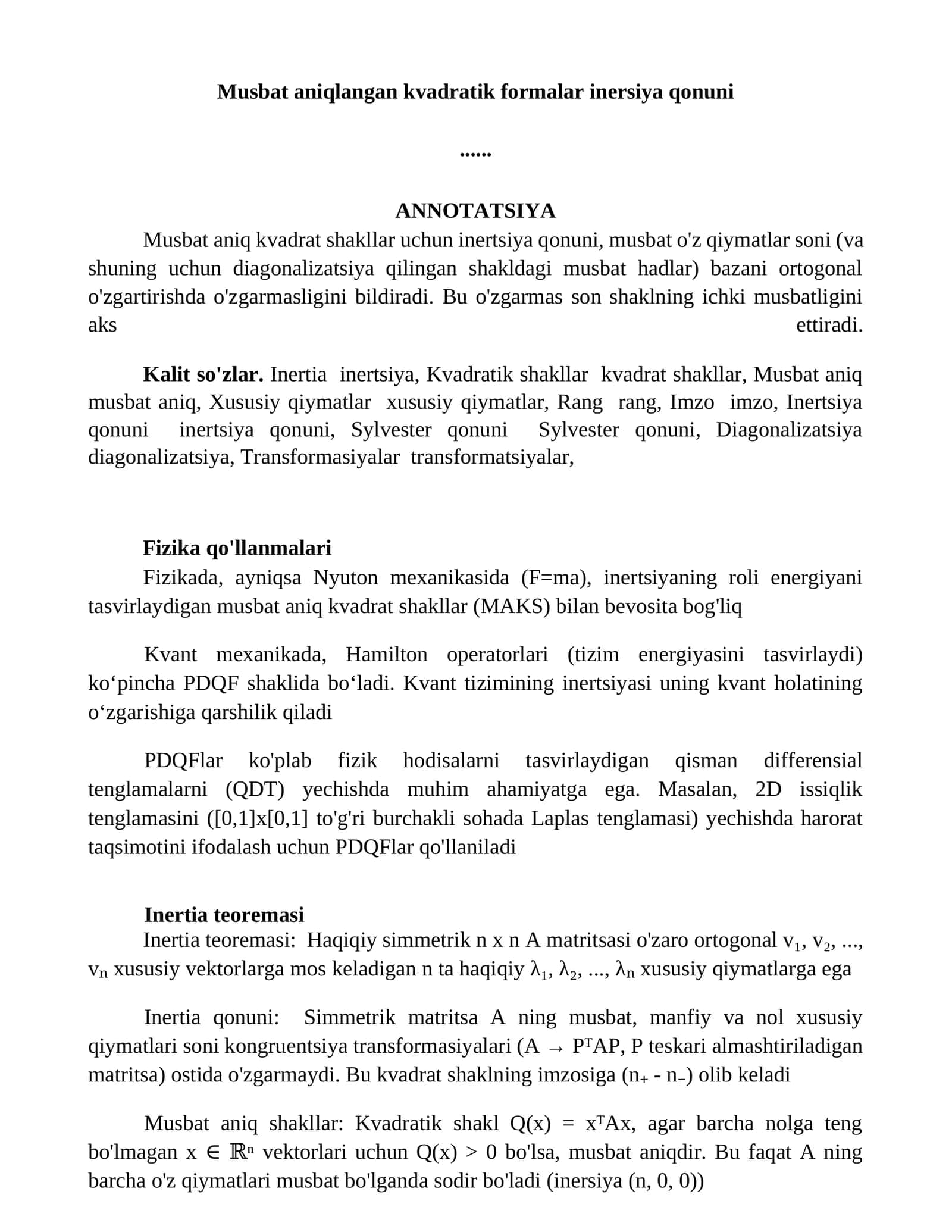 Musbat aniqlangan kvadratik formalar inertsiya qonuni 1