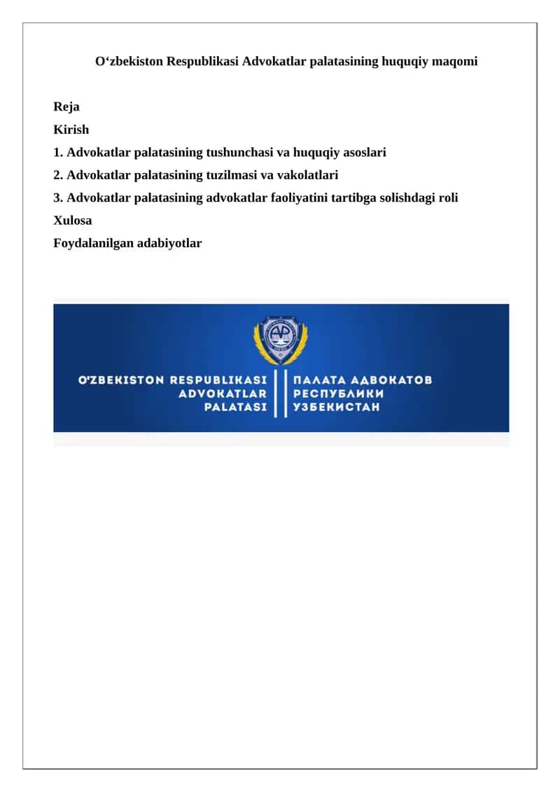 Oʻzbekiston Respublikasi Advokatlar Palatasining Huquqiy Maqomi 1