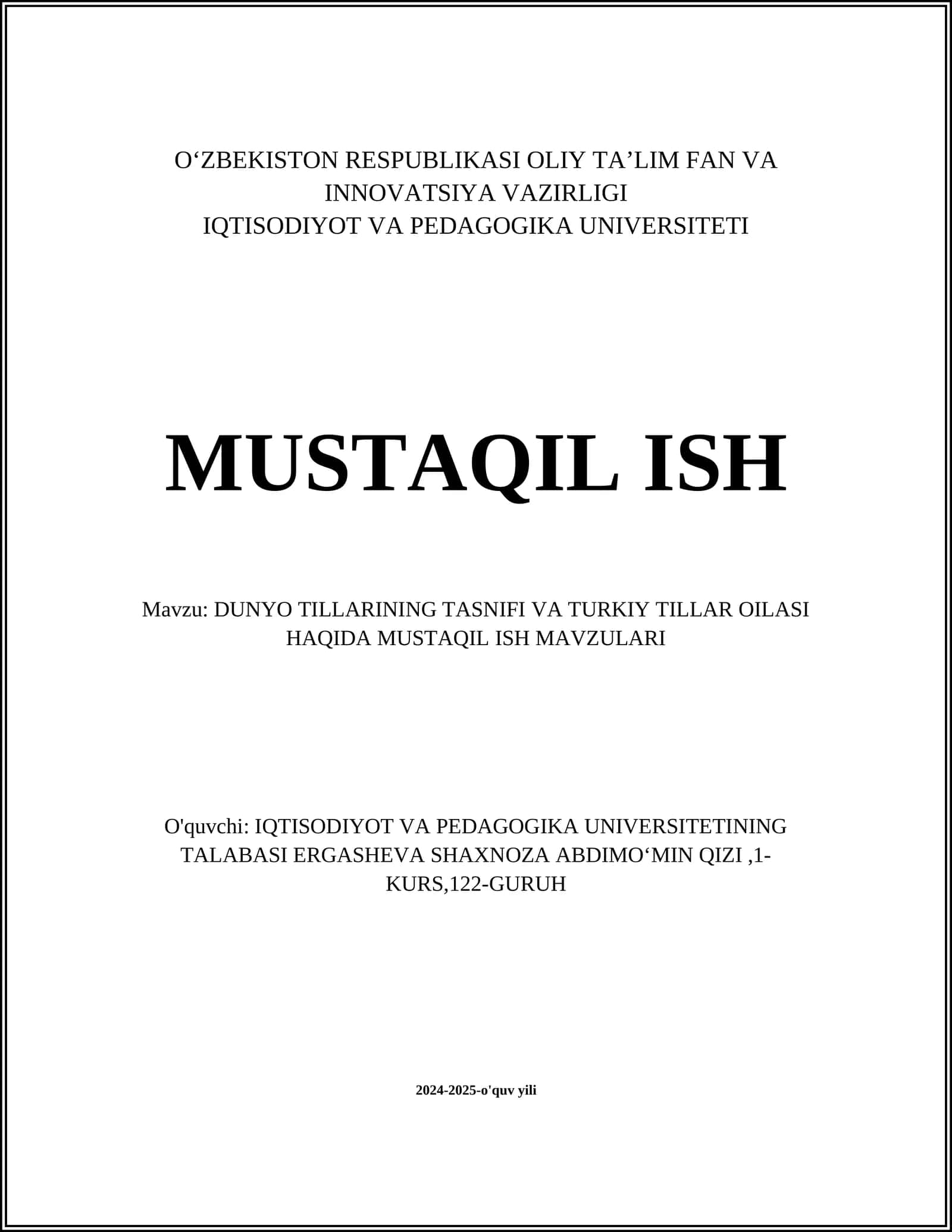 DUNYO TILLARINING TASNIFI VA TURKIY TILLAR OILASI HAQIDA MUSTAQIL ISH MAVZULARI 1