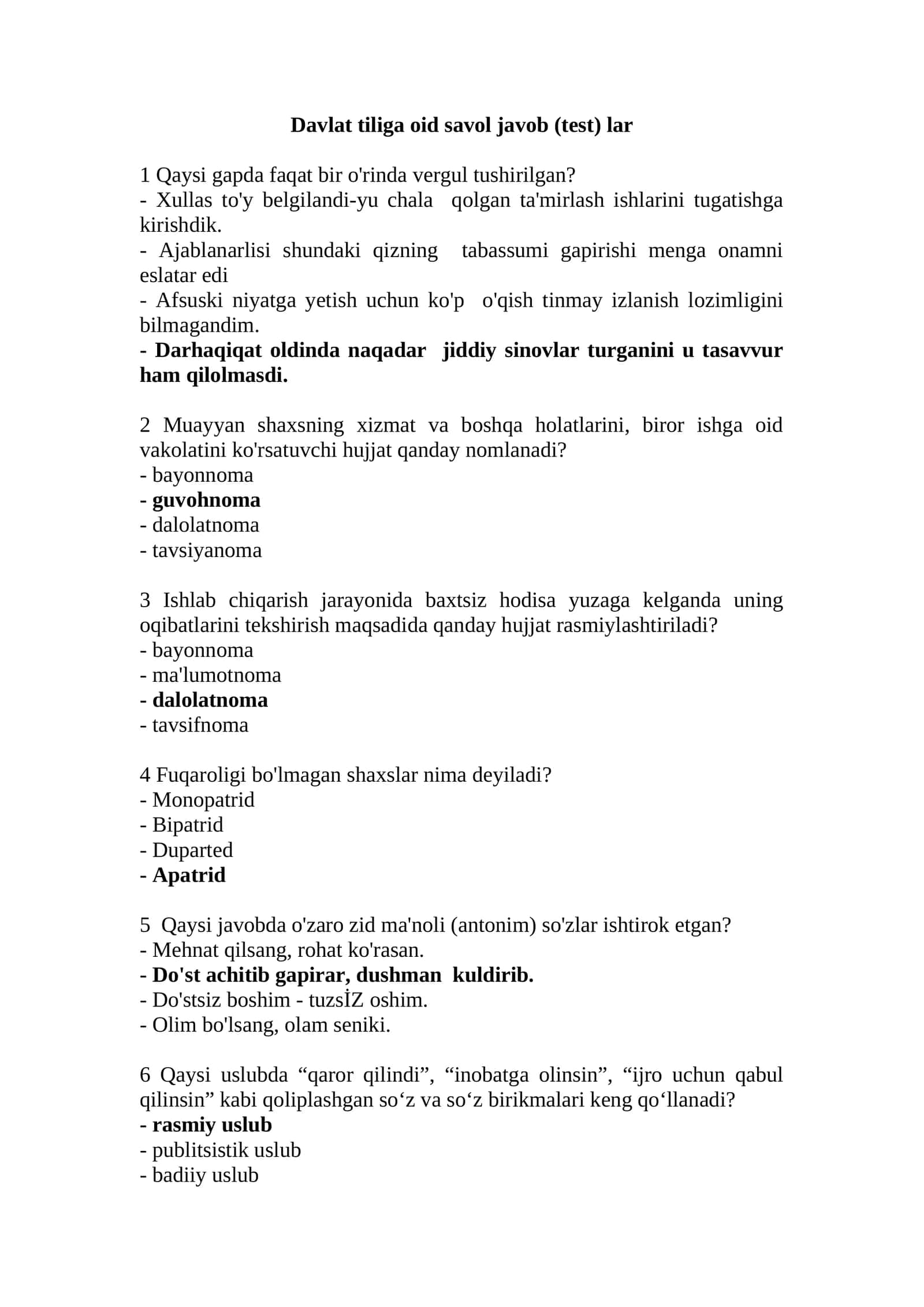Davlat tiliga oid savol javob (test) lar 1