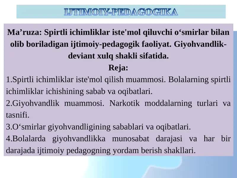 Spirtli ichimliklar iste'mol qilish muammosi 1