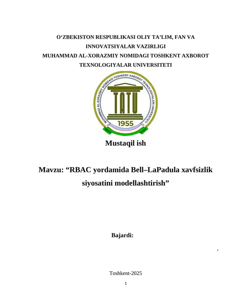 RBAC yordamida Bell–LaPadula xavfsizlik siyosatini modellashtirish” 1