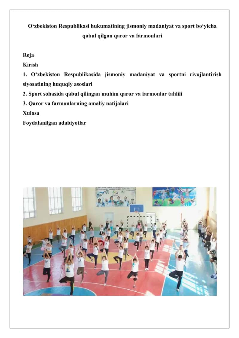 O‘zbekiston Respublikasi hukumatining jismoniy madaniyat va sport bo‘yicha qabul qilgan qaror va farmonlari 1