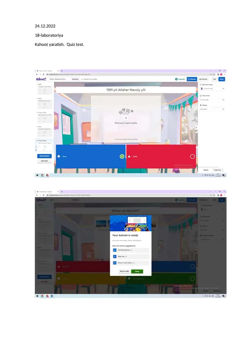 Kahoot yaratish. Quiz test. 1