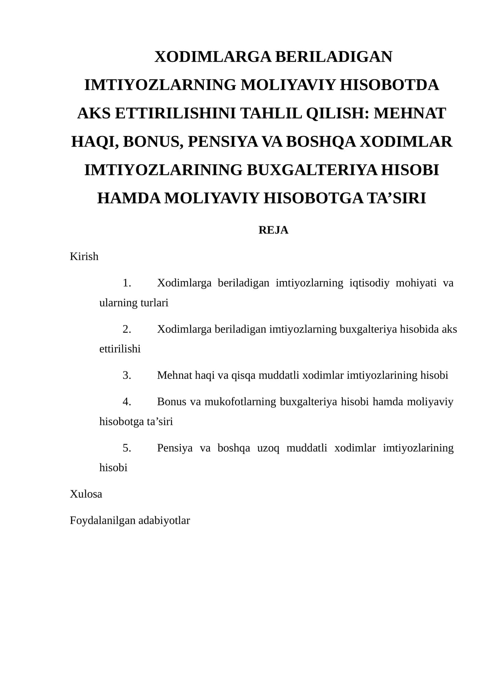 Xodimlarga beriladigan imtiyozlarning moliyaviy hisobotda aks ettirilishini tahlil qilish 1