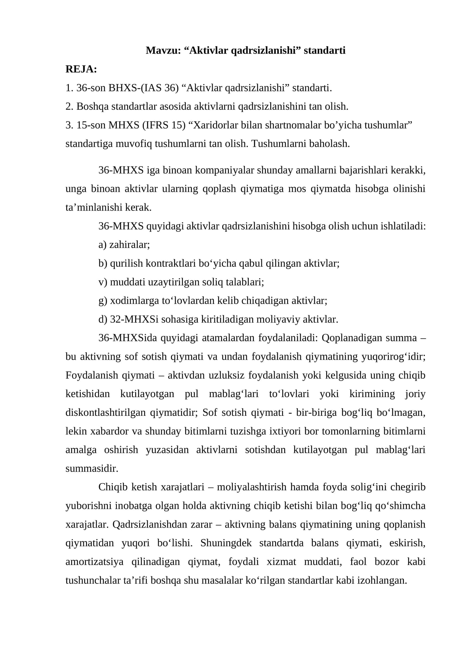 “Aktivlar qadrsizlanishi” standarti 1