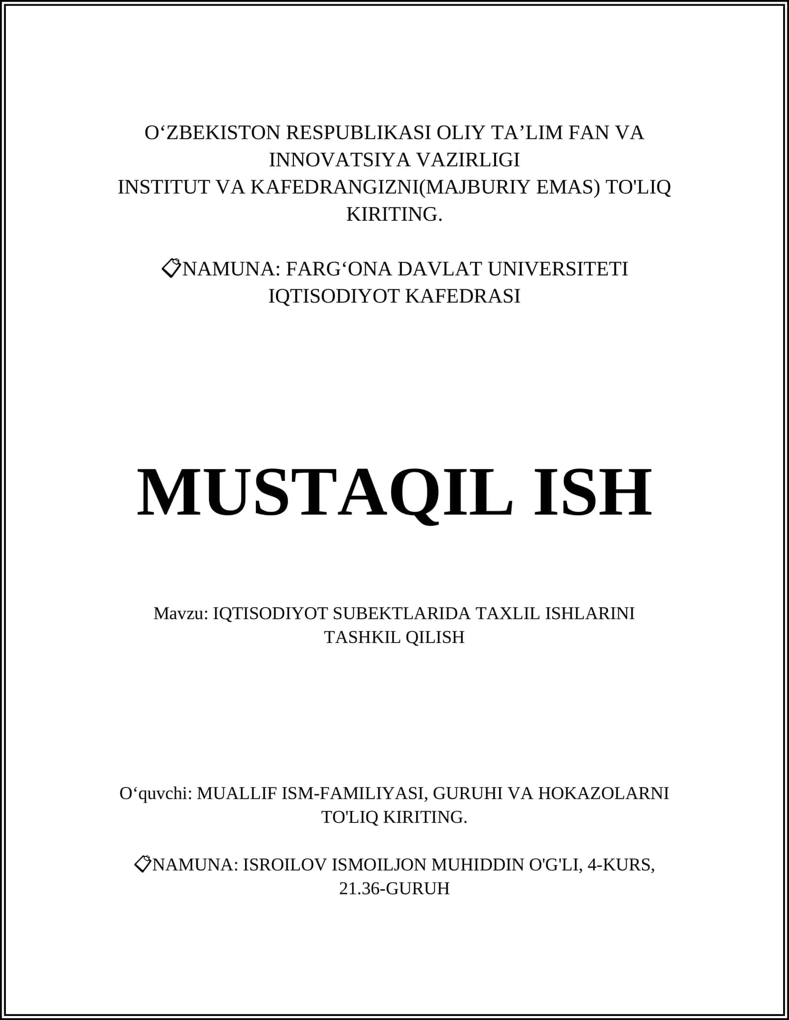 IQTISODIYOT SUBEKTLARIDA TAXLIL ISHLARINI TASHKIL QILISH 1