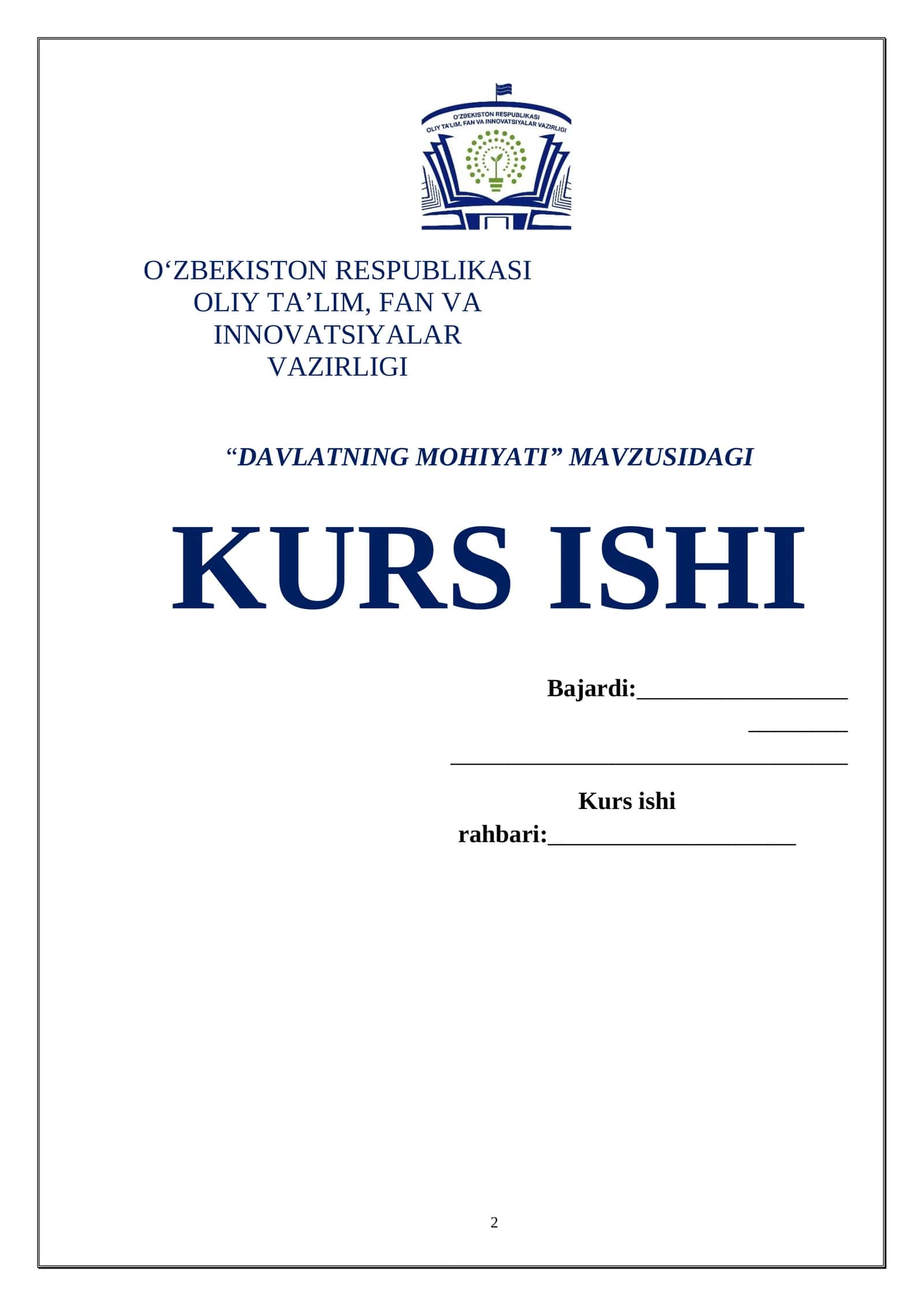 DAVLATNING MOHIYATI MAVZUSIDAGI KURS ISHI 1