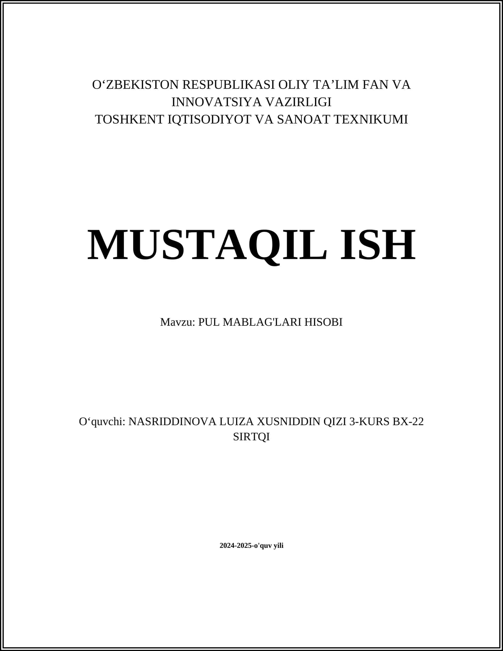 PUL MABLAG'LARI HISOBI 1
