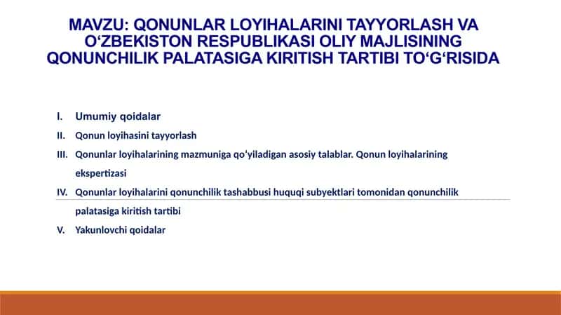 QONUNLAR LOYIHALARINI TAYYORLASH VA O‘ZBEKISTON RESPUBLIKASI OLIY MAJLISINING QONUNCHILIK PALATASIGA KIRITISH TARTIBI TO‘G‘RISIDA 1