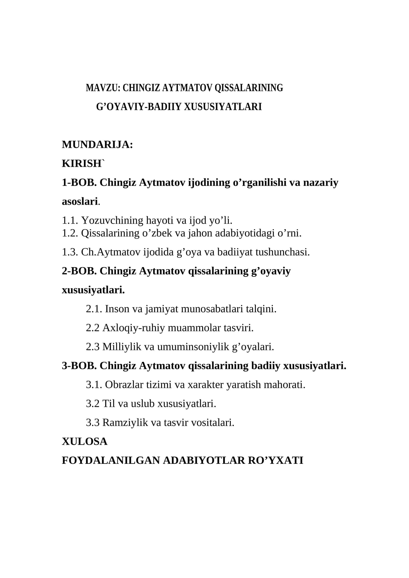 CHINGIZ AYTMATOV QISSALARINING G’OYAVIY-BADIIY XUSUSIYATLARI 1