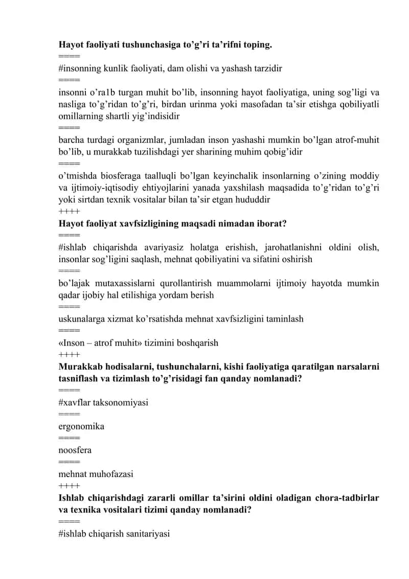 Hayot va inson fani test 1