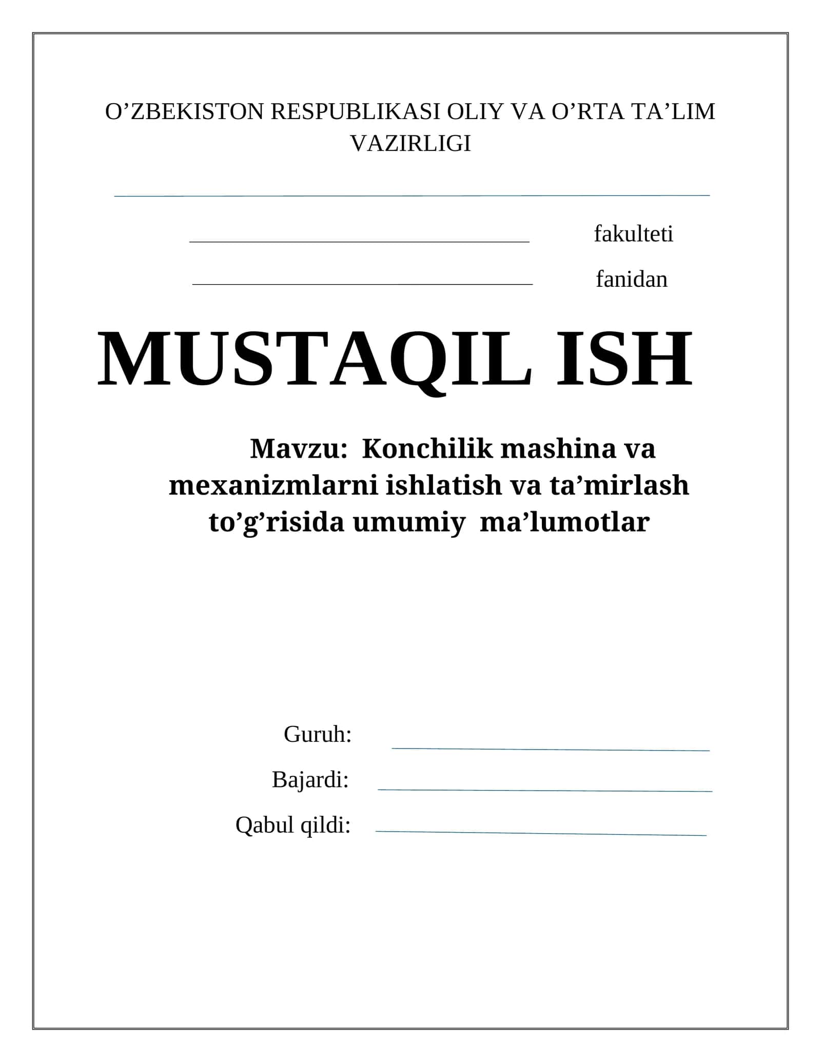 Kоnchilik mashina va mехanizmlarni ishlatish va ta’mirlash to’g’risida umumiy ma’lumоtlar 1