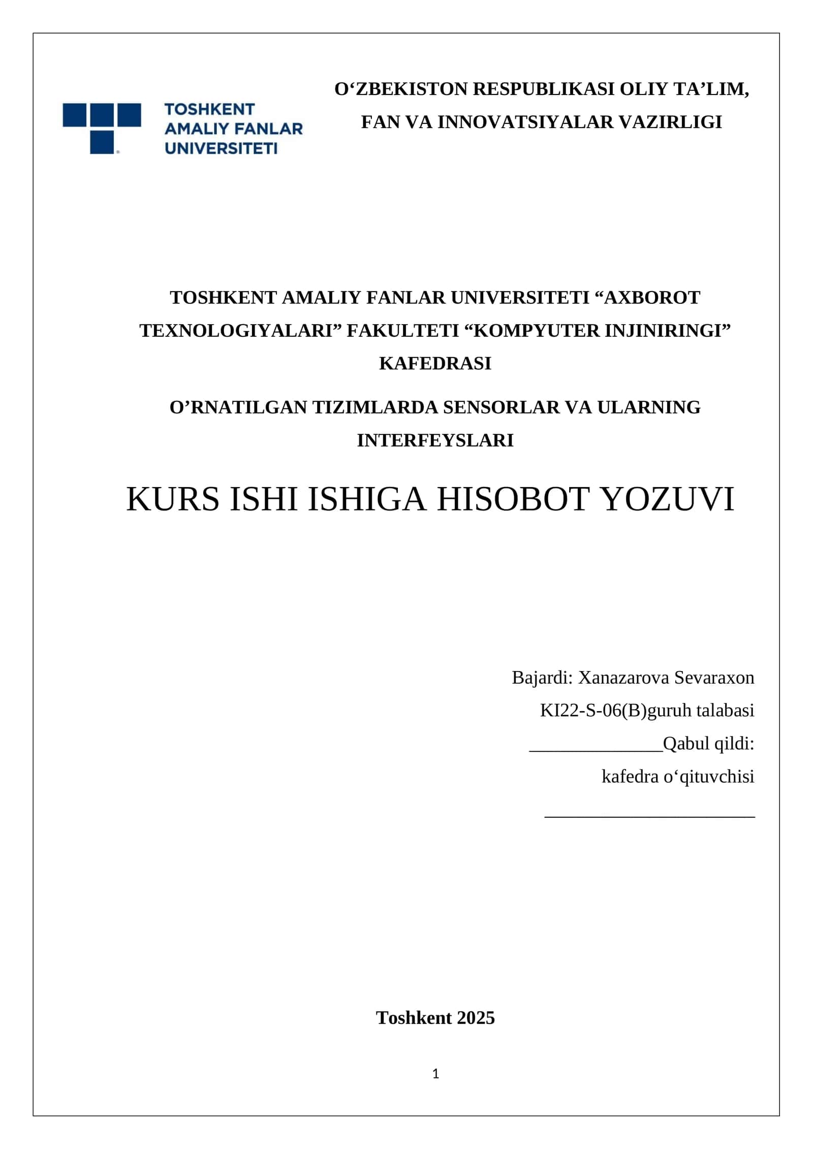 "O‘rnatilgan tizimlarda sensorlar va ularning interfeyslari" kurs ishi 1