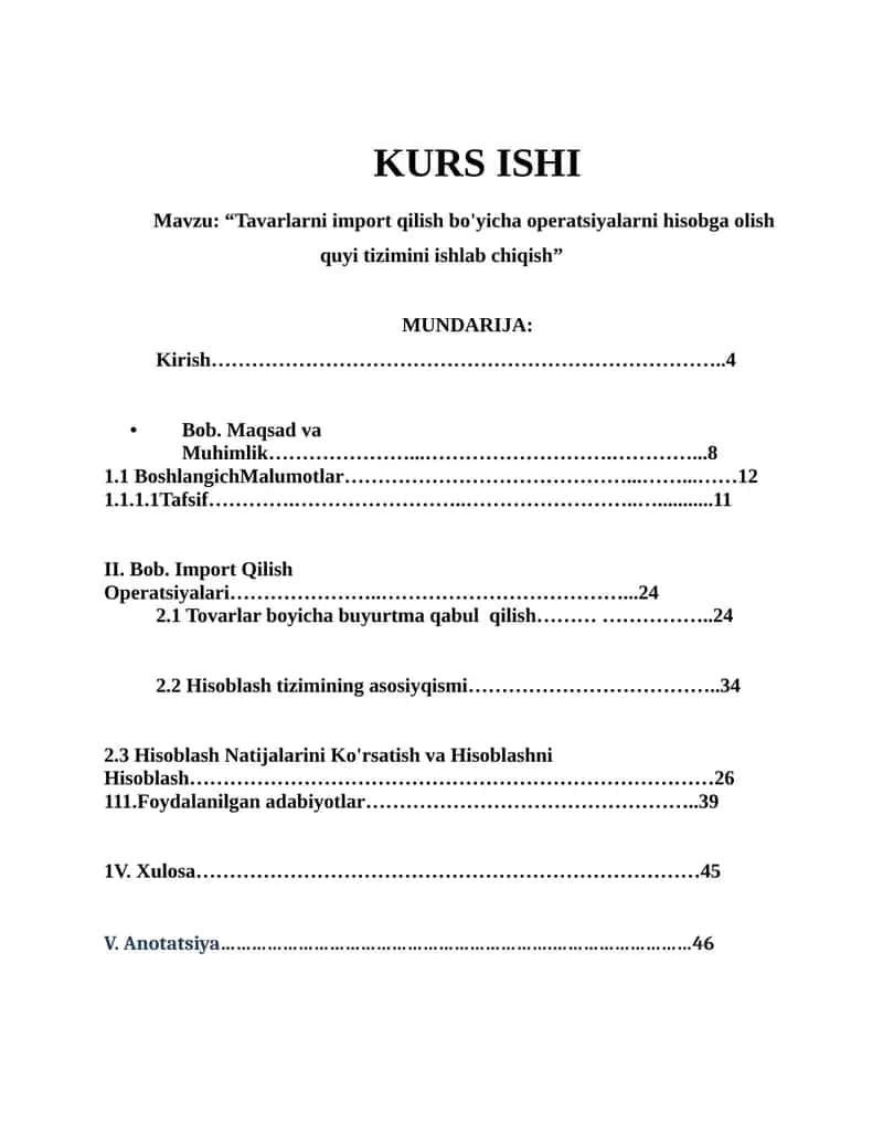 Tavarlarni import qilish bo'yicha operatsiyalarni hisobga olish quyi tizimini ishlab chiqish 1