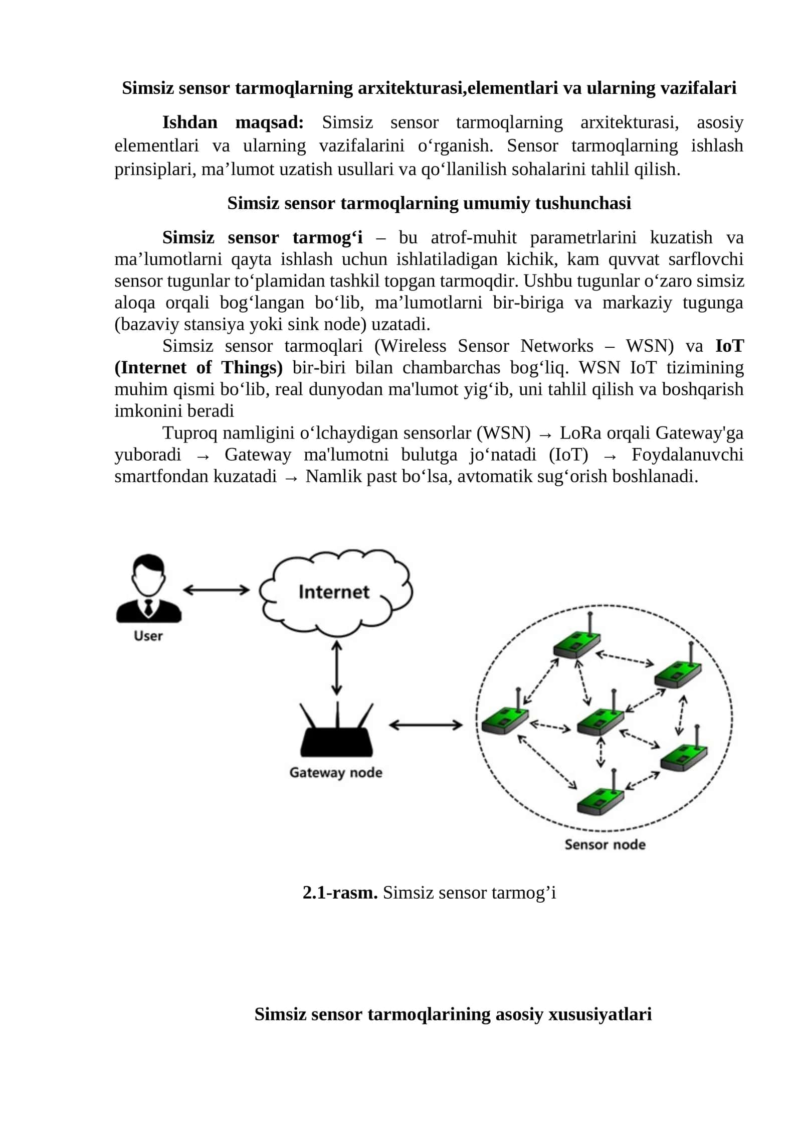 Simsiz sensor tarmoqlarning arxitekturasi,elementlari va ularning vazifalari 1