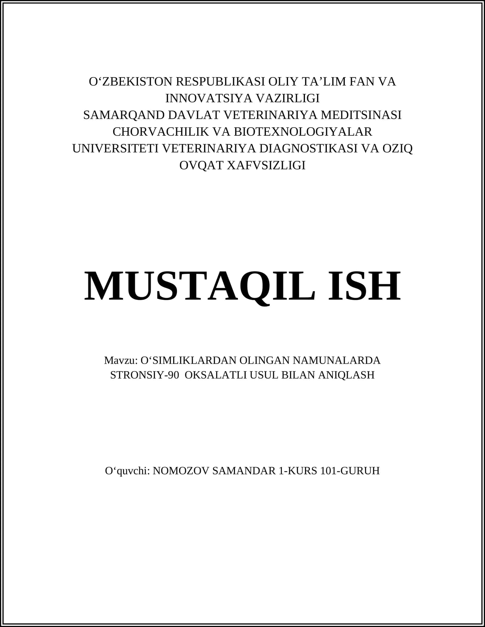 OʻSIMLIKLARDAN OLINGAN NAMUNALARDA STRONSIY-90 OKSALATLI USUL BILAN ANIQLASH 1