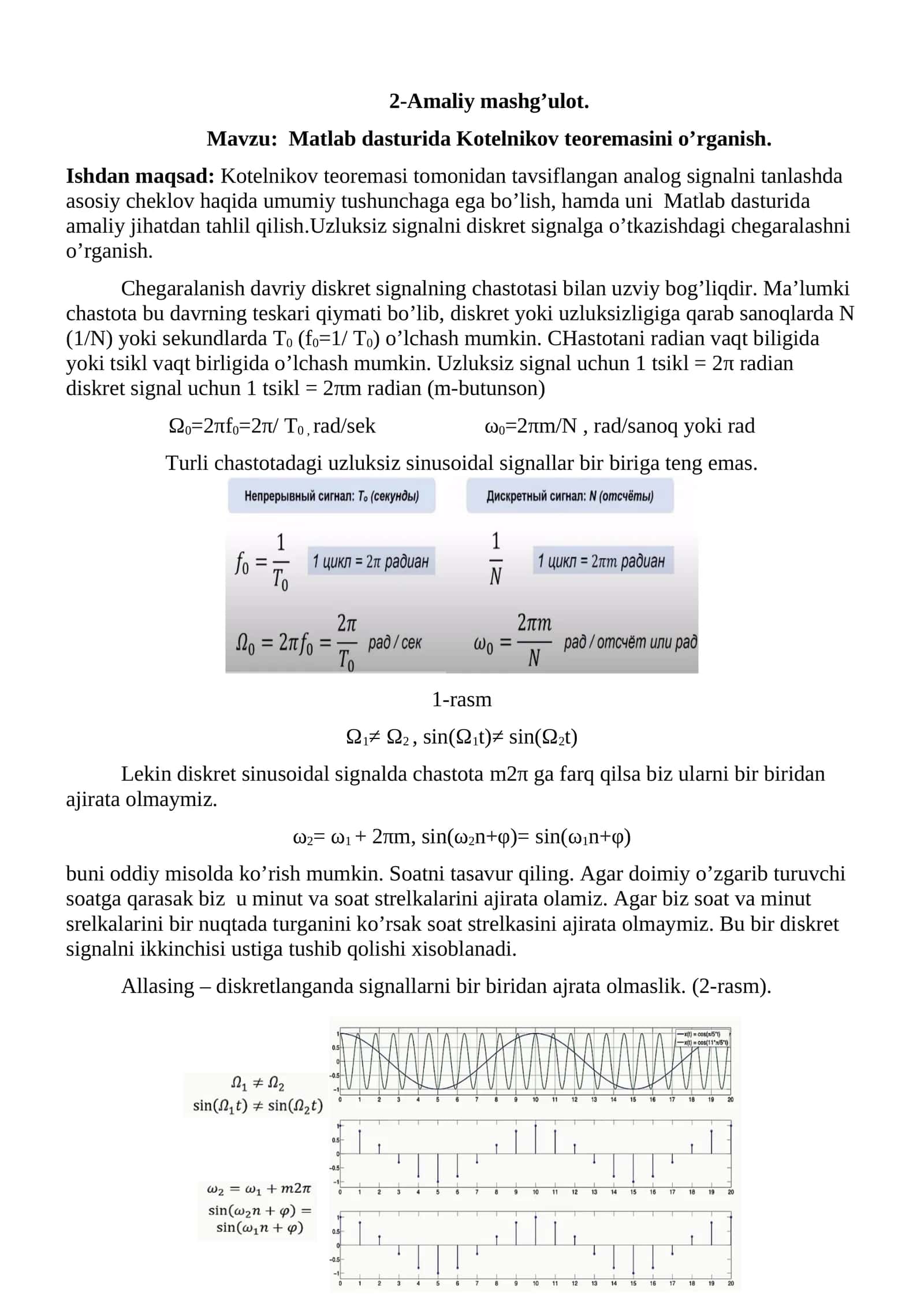 MATLAB dasturida Kotelnikov teoremasini o’rganish 1