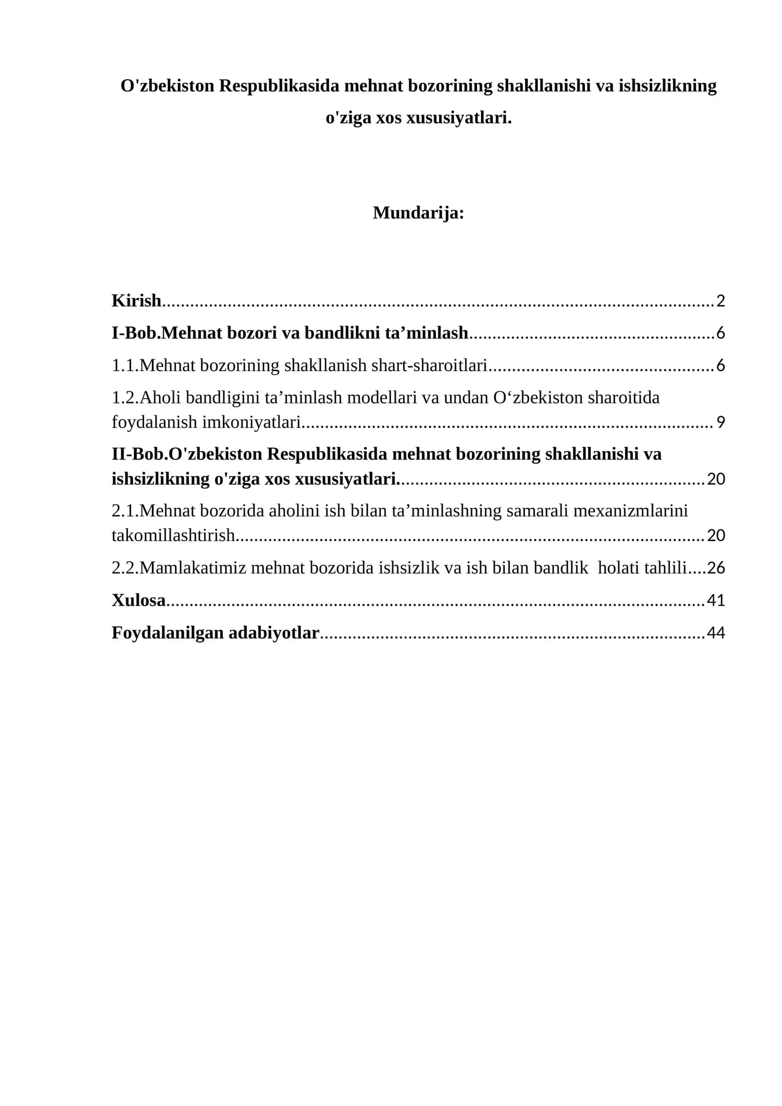 O'zbekiston Respublikasida mehnat bozorining shakllanishi va ishsizlikning o'ziga xos xususiyatlari 1